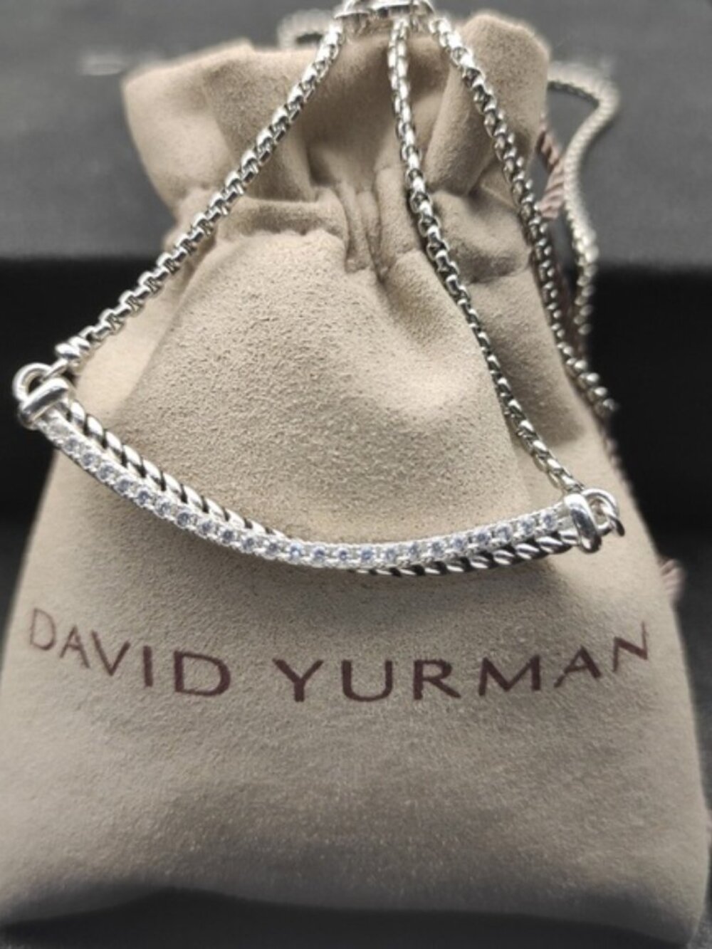 David Yurman 925 Silver Pave Diamond Cable Smile Necklace with Original Pouch